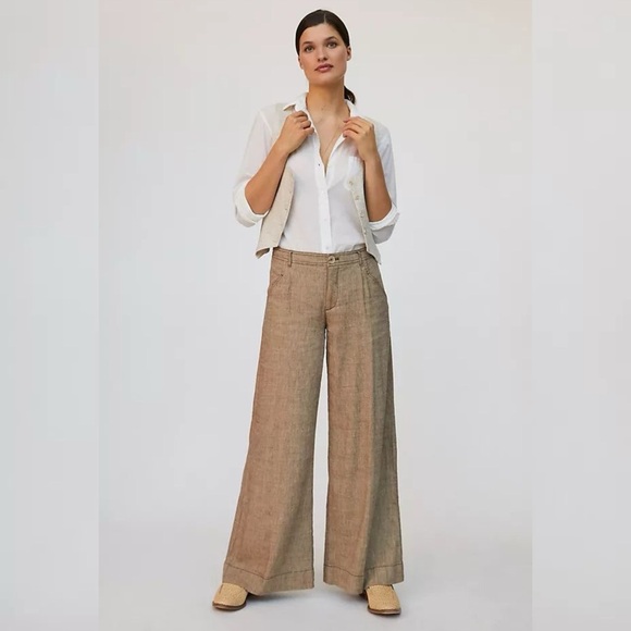 Anthropologie Pants - Anthropologie Linen Blend Wide Leg Pants Tan High Rise Size 12